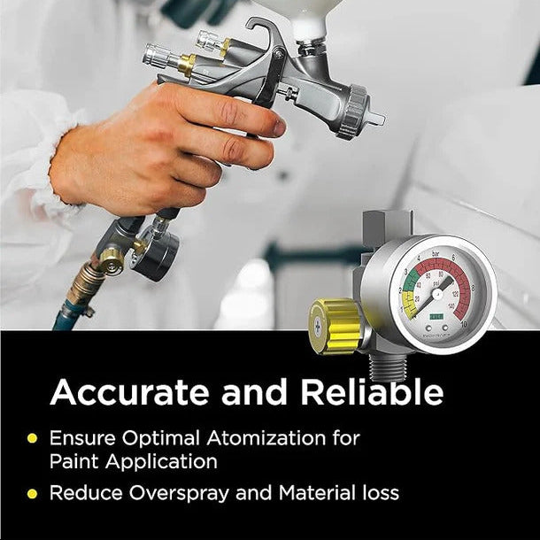 Person holding a spray gun with INOKRAFT branding, featuring text about accurate and reliable paint application.