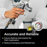 Person holding a spray gun with INOKRAFT branding, featuring text about accurate and reliable paint application.