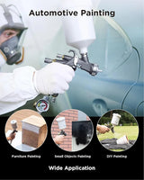 Person using a spray gun with text 'Automotive Painting' and examples of painting applications.