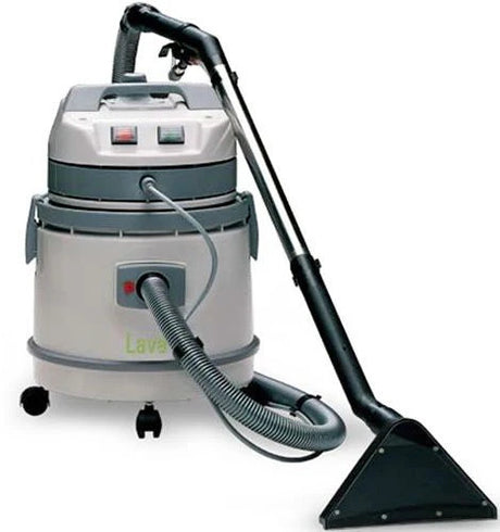 A Kerrick Lava Multi Purpose 4 In 1 Vacuum And Upholstery Cleaner with a grey body, attached hose, and cleaning tools.
