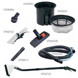 A Kerrick Lava Multi Purpose 4 In 1 Vacuum And Upholstery Cleaner with a grey body, attached hose, and cleaning tools.