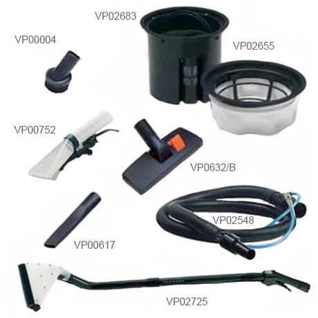 A Kerrick Lava Multi Purpose 4 In 1 Vacuum And Upholstery Cleaner with a grey body, attached hose, and cleaning tools.