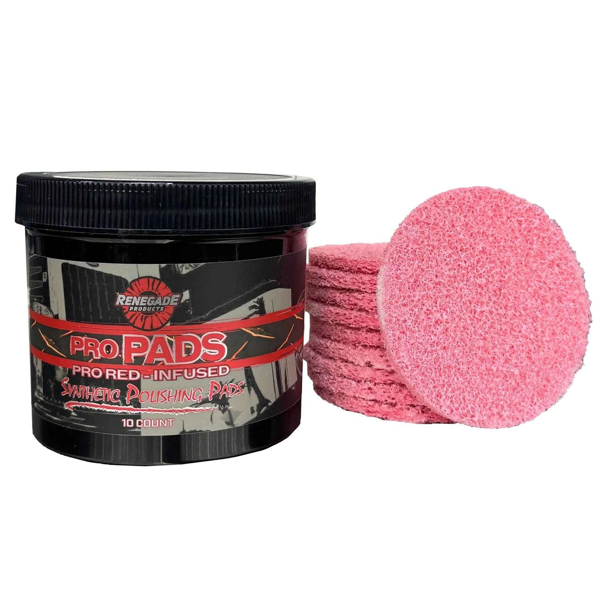Container of ProPads with pink polishing pads on a white background