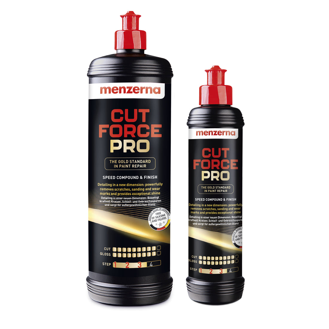 Two bottles of menzerna Cut Force Pro on a white background