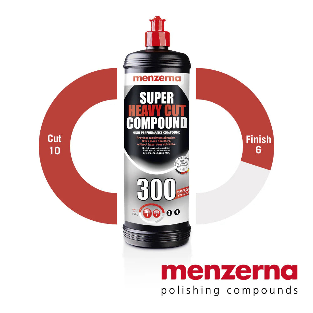 Menzerna Super Heavy Cut Compound bottle with a white background