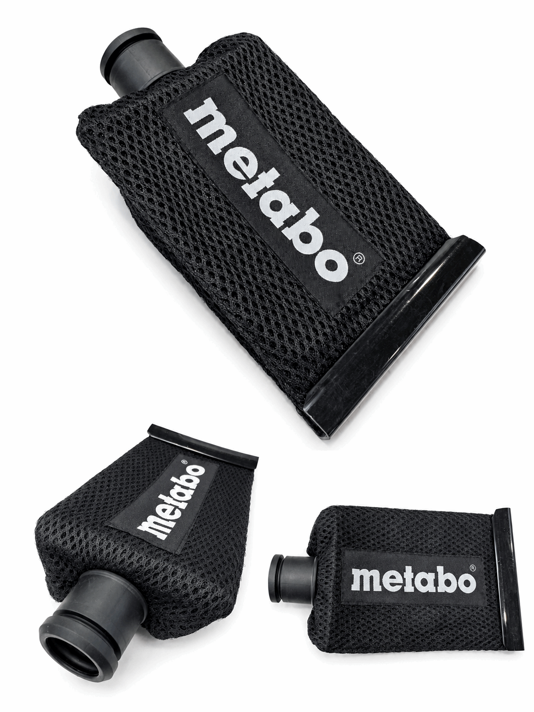 Three black Metabo nozzles with mesh covers on a white background