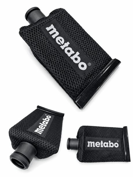 Three black Metabo nozzles with mesh covers on a white background