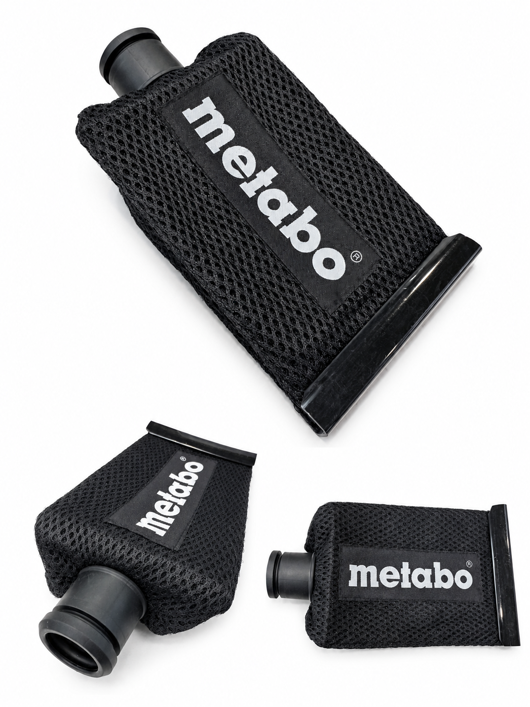Three black Metabo nozzles with mesh covers on a white background