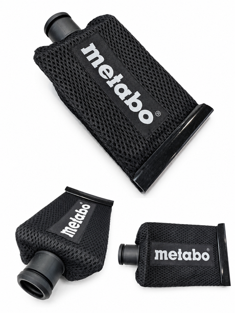 Three black Metabo nozzles with mesh covers on a white background