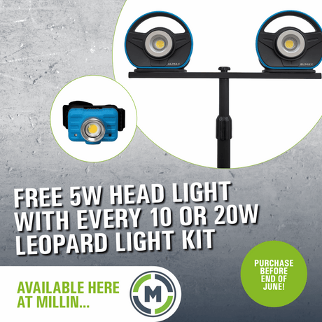 Promotional graphic for a leopard light kit with a free 5W headlight offer, featuring two light units and a headlight on a gray background.