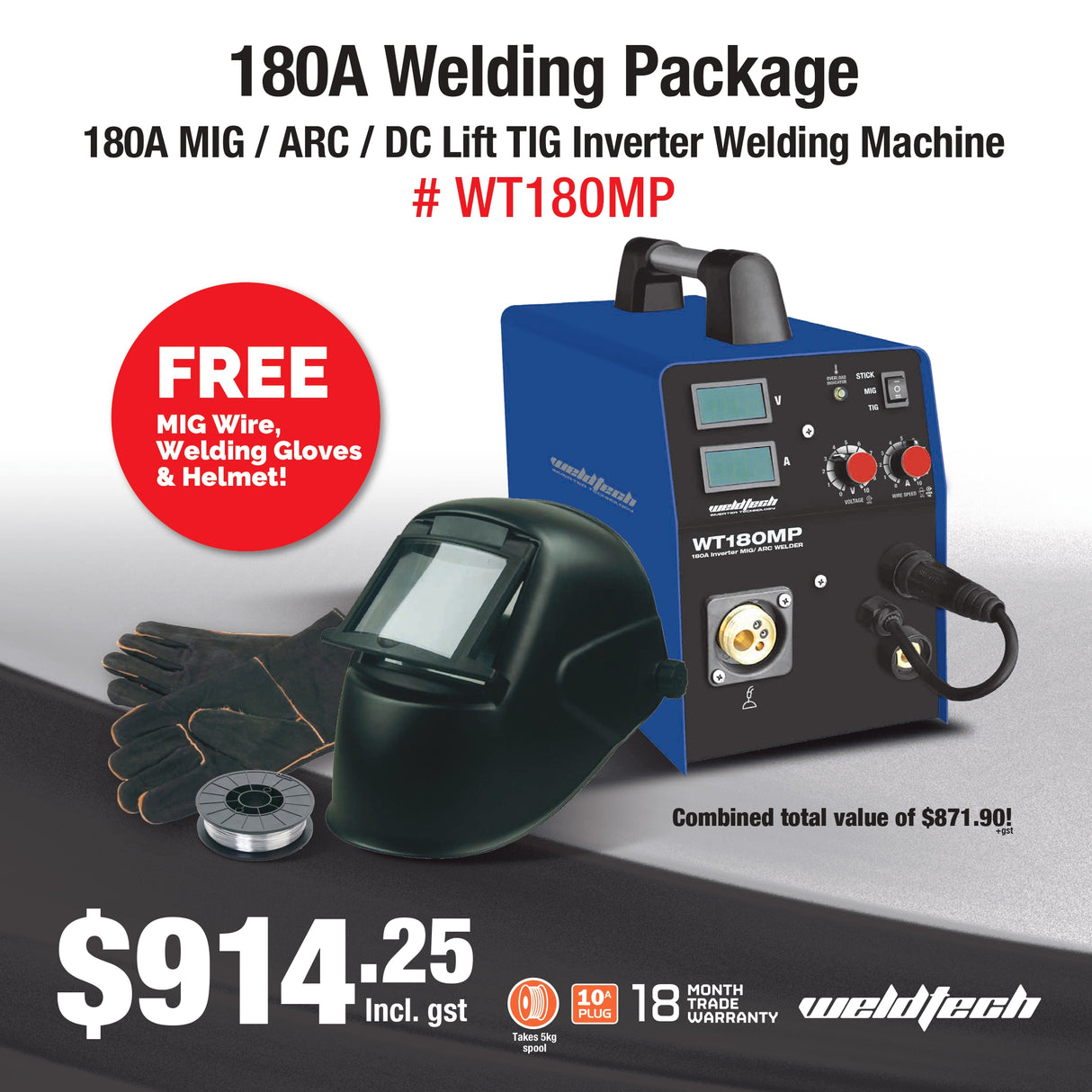 180A WeldTech Multi-Process Inverter MIG/ARC/TIG Welder - WT180MP - FREE Welding Package