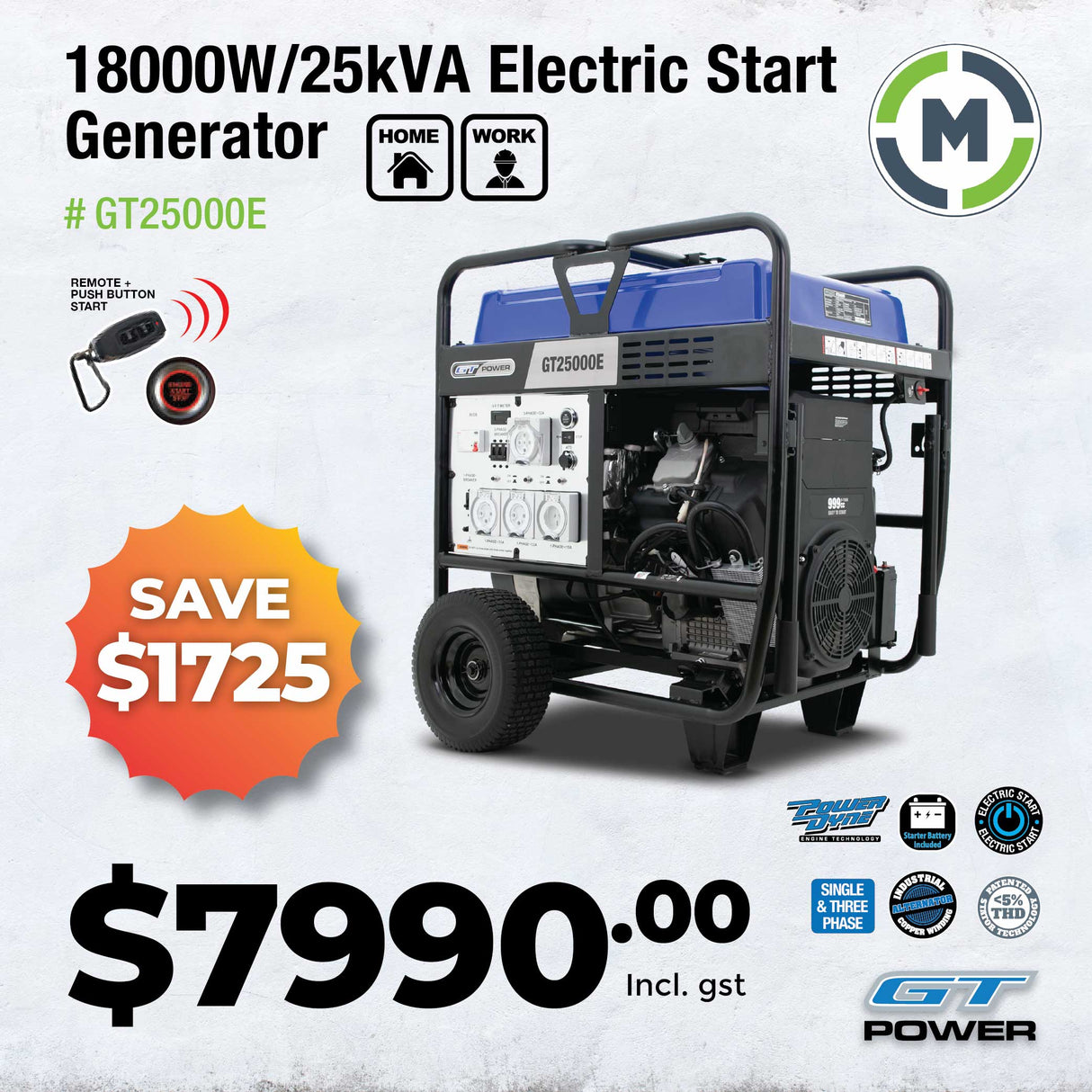 GT Power 'Big Boy' 18,000W Electric Start Generator, GT25000E