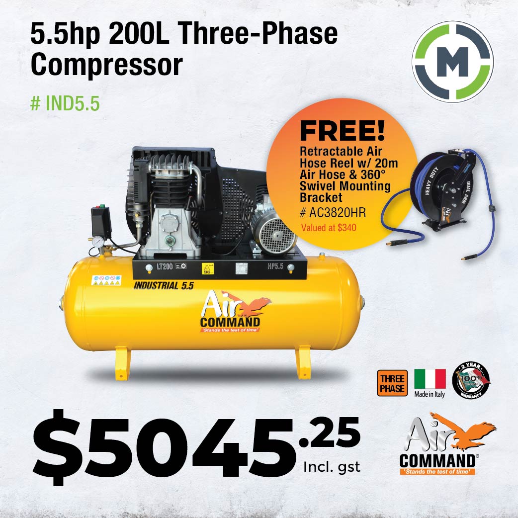 Air Command 5.5HP Industrial Three Phase Compressor IND5.5 - FREE SWIVEL HOSE REEL + 20m HOSE