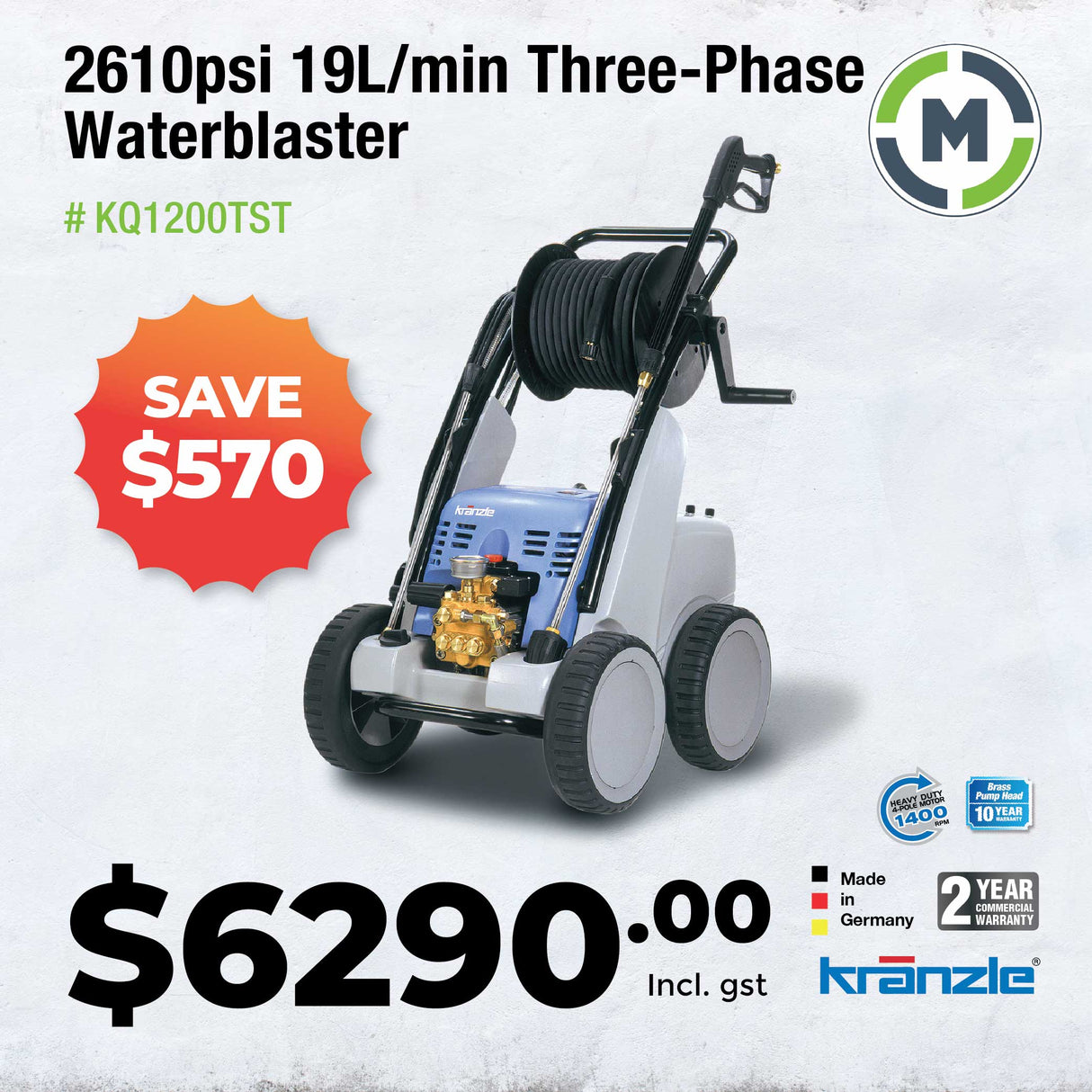 Kranzle 2610psi High Pressure Cleaner, KQ1200TST, 3 Phase