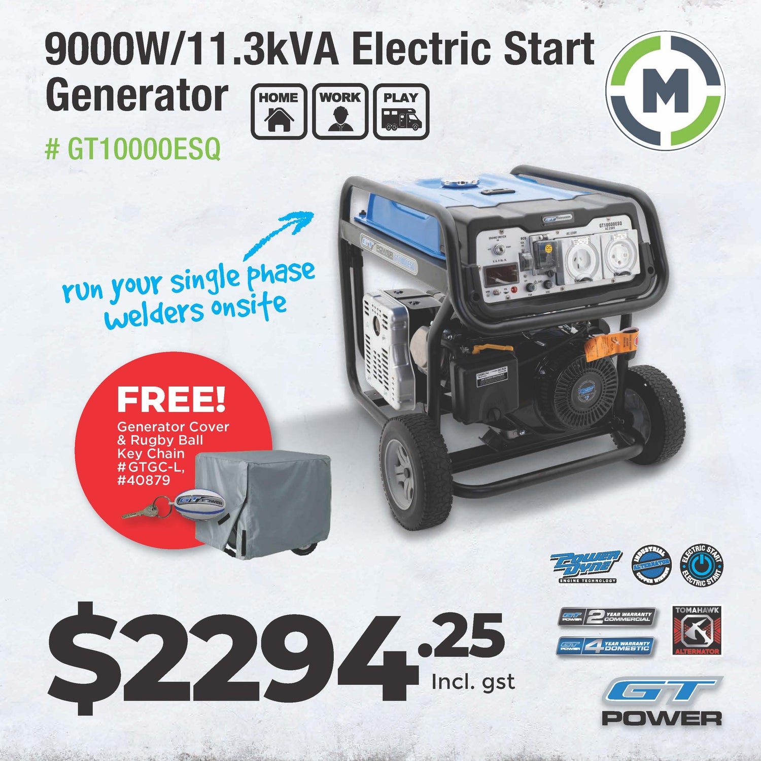9000W GT Power Electric Start Generator - GT10000ESQ - Includes Free Storage Cover