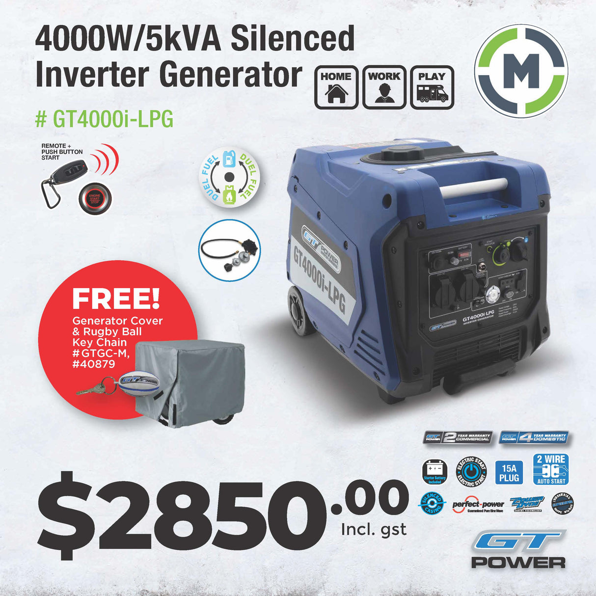 LPG And Petrol Dual Fuel GT Power Silenced Inverter 4000W Generator - INCLUDES FREE STORAGE COVER