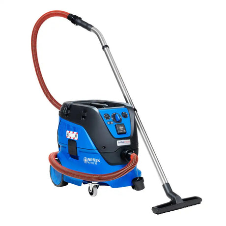 Blue Nilfisk cleaning machine with red hose on a white background