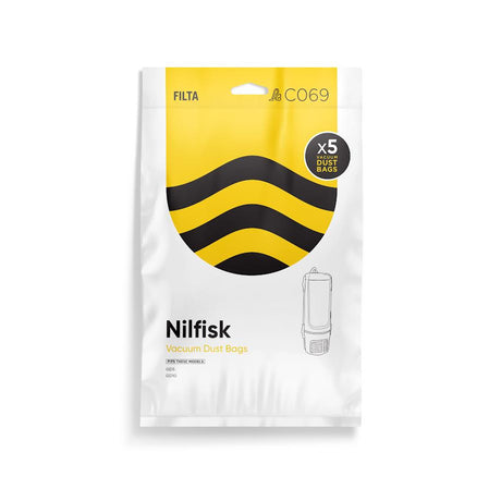 A pack of Nilfisk GD5 vacuum bags, containing 5 bags, with packaging that features a yellow and black design.
