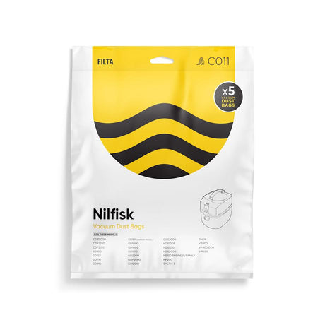 A pack of Nilfisk GD vacuum bags, containing 5 bags per pack, with yellow and black color scheme on the packaging.