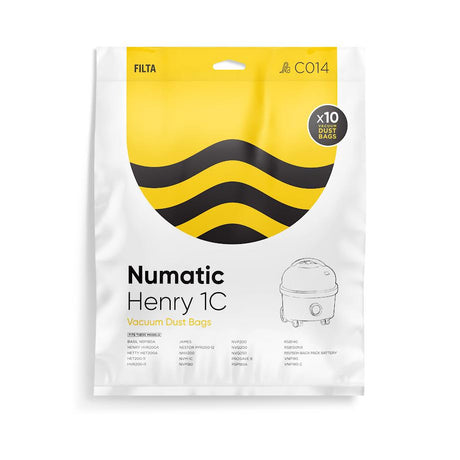 Packaging of Numatic Henry 1C Microfibre Vacuum Bags showing the product name, vacuum bag image, and compatible vacuum cleaner models.