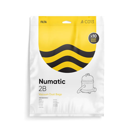 A pack of Numatic Microfibre Vacuum Bags, with yellow and black branding, indicating 10 bags per pack.
