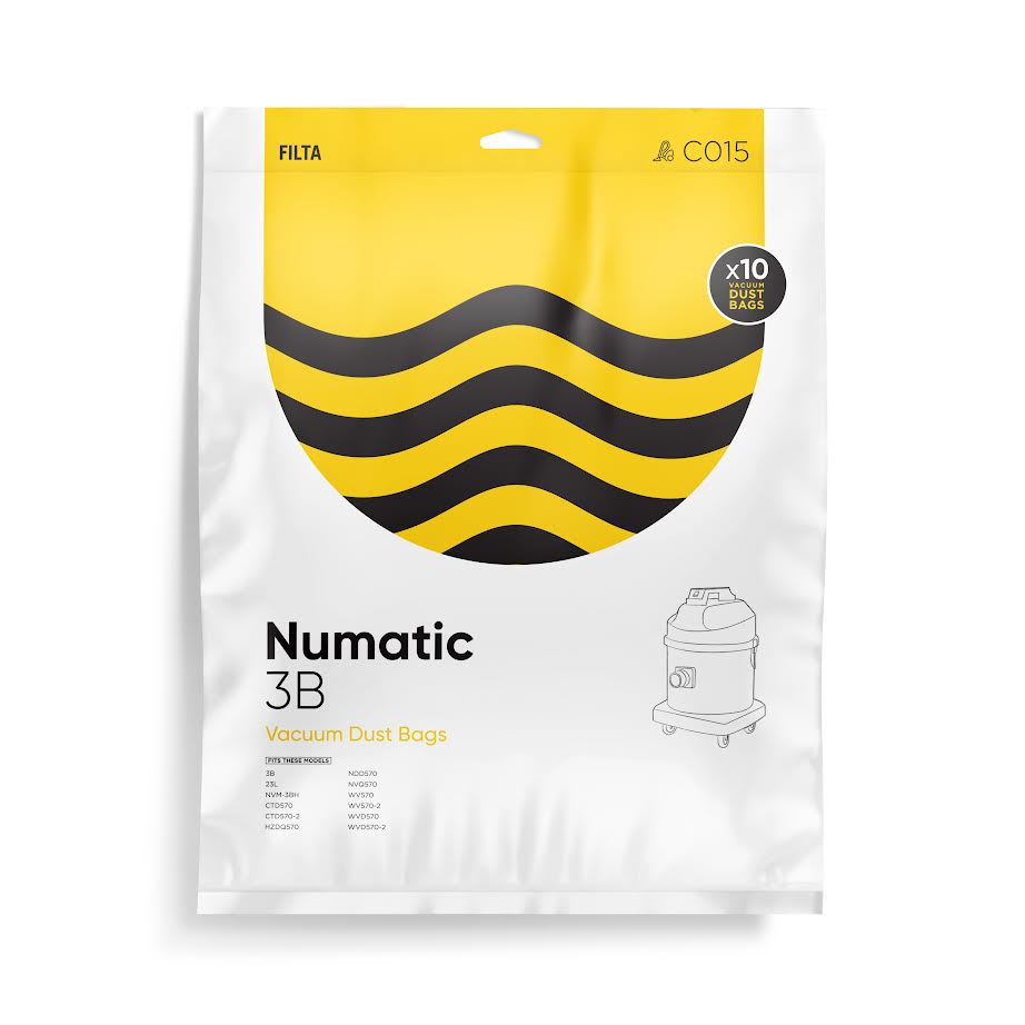 A pack of Numatic microfibre vacuum bags, with a yellow and black design on the packaging.