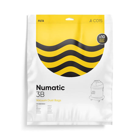 A pack of Numatic microfibre vacuum bags, with a yellow and black design on the packaging.