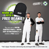 Promotional graphic for Haydn workwear featuring two male models wearing white Haydn painter's pants and white Haydn easy action overalls, alongside a large black Haydn beanie. The background is dark gray with promotional text offering a free beanie when buying any pair of Haydn products.