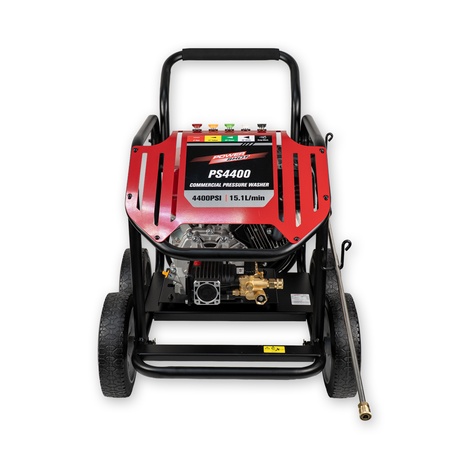 Red and black pressure washer with a hose on a white background