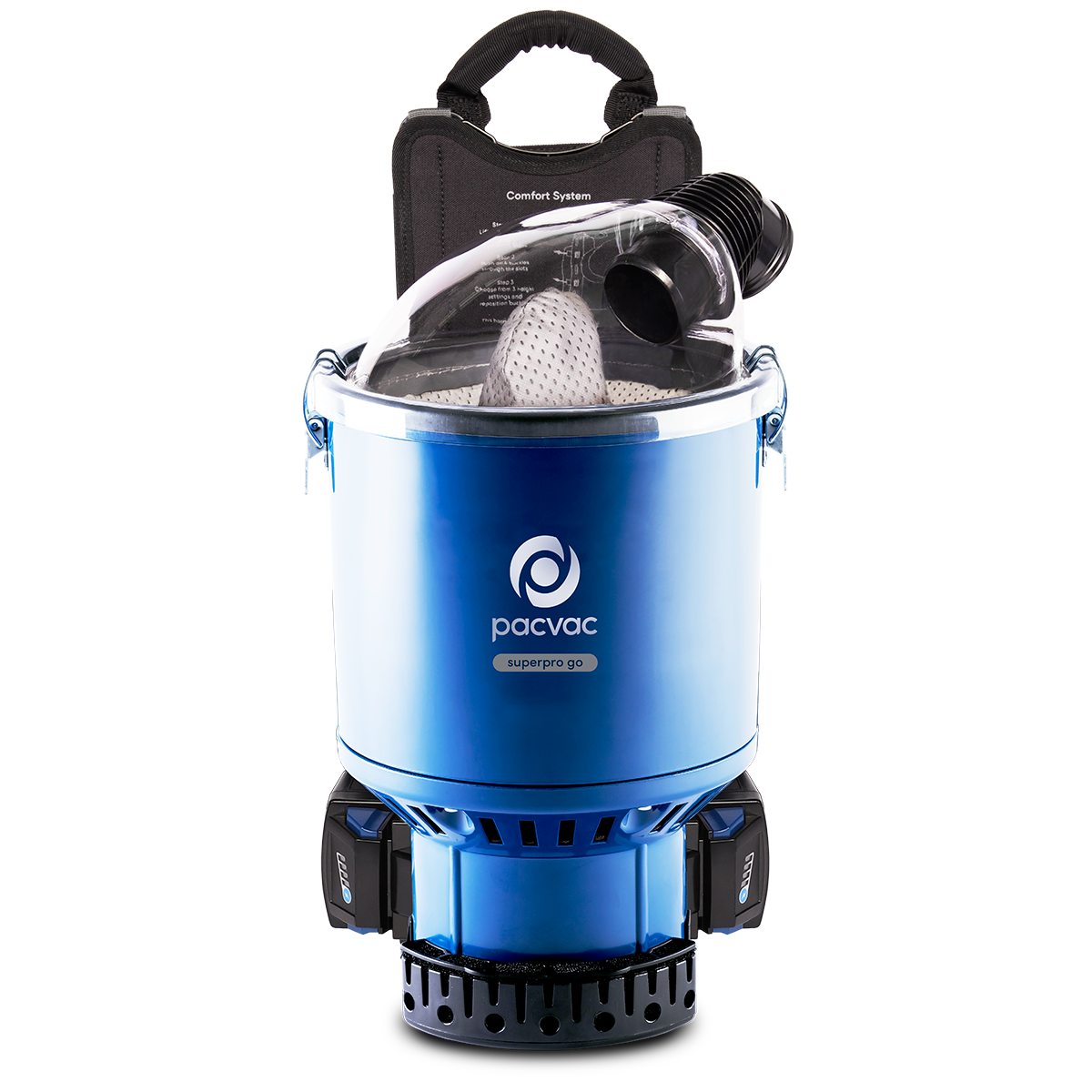 Blue Pacvac vacuum cleaner on a white background