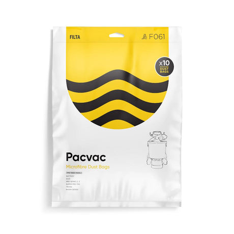 A pack of Pacvac microfibre vacuum bags, labeled as 10 disposable bags per pack with additional product information.