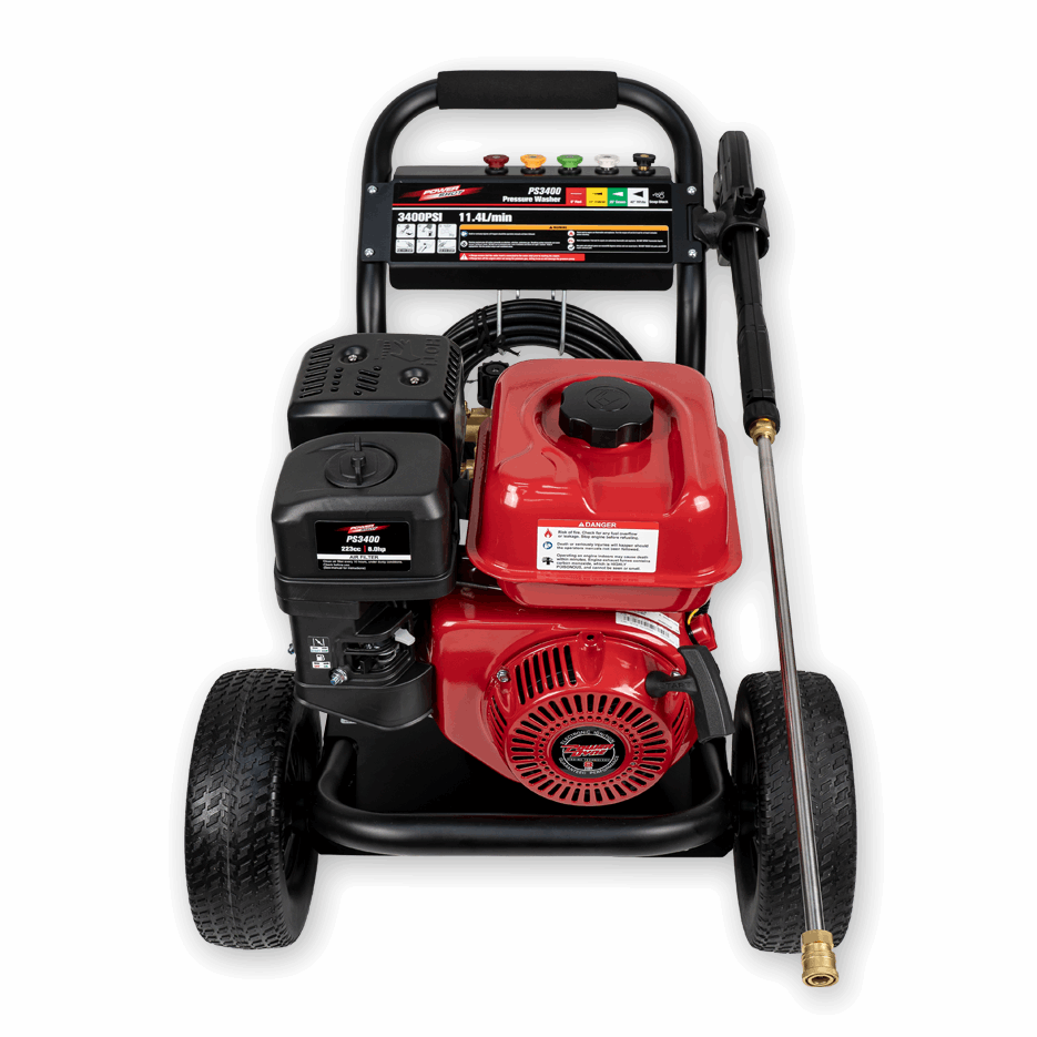 Pressure washer with red and black design on a white background