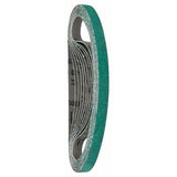 A pack of 10 green zirconia power file linishing belts with visible abrasive grains and backing material.