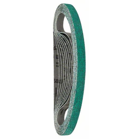 A pack of 10 green zirconia power file linishing belts with visible abrasive grains and backing material.