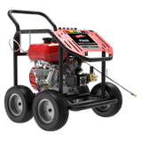 Red and black pressure washer on a white background