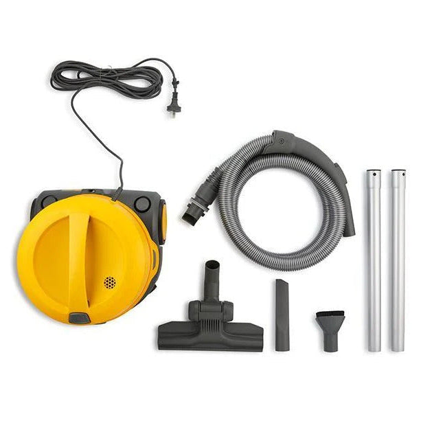 Set of vacuum cleaner attachments including a yellow wheel, hose, and attachments on a white background