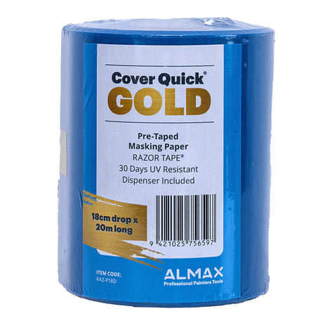 Roll of Cover Quick Gold pre-taped masking paper with ALMAX branding on a white background