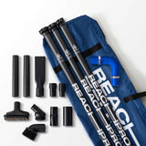 Reach Pro vacuum cleaner attachments and blue carrying case on a white background