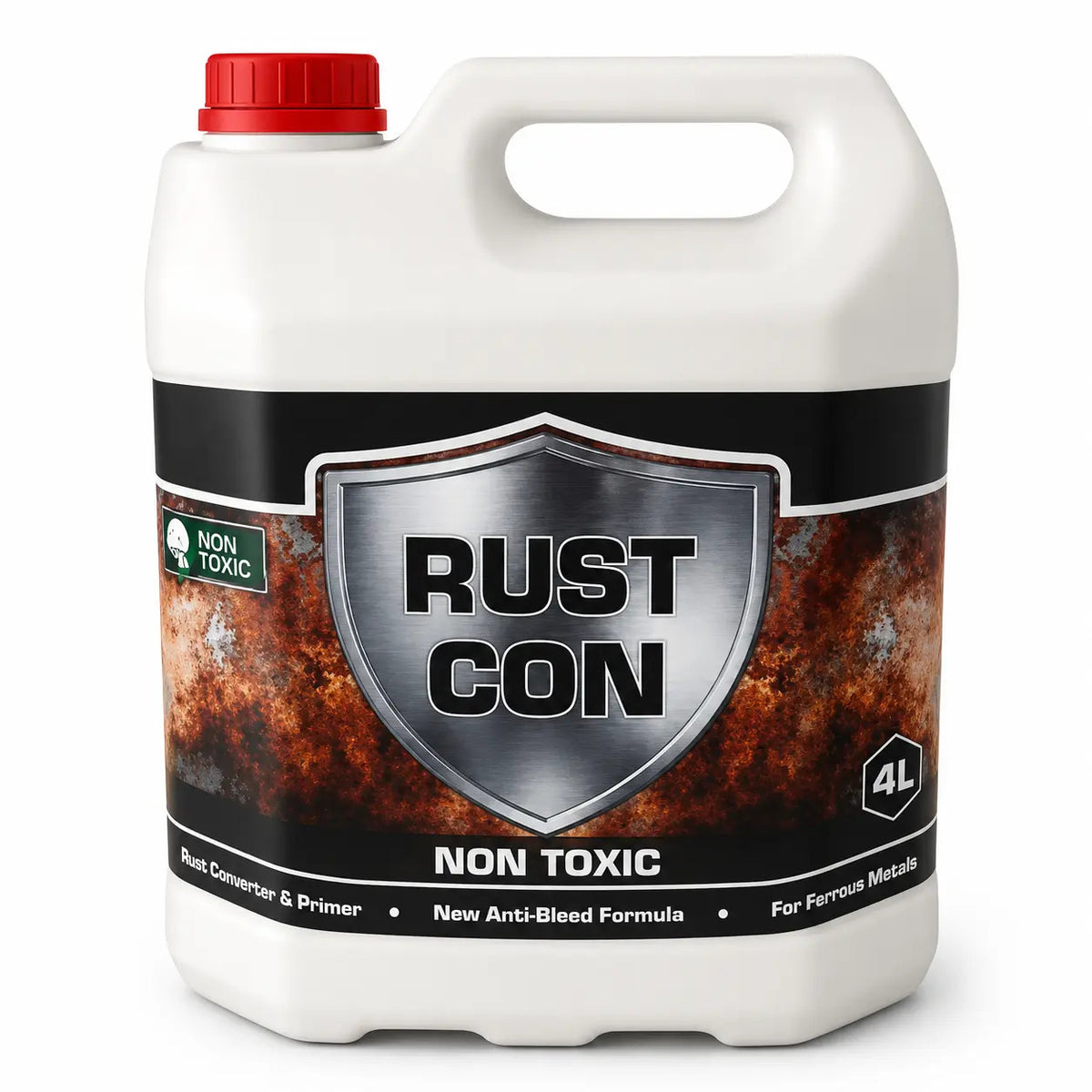 A 4L white plastic jerrycan of Rust Con Non Toxic rust converter and primer