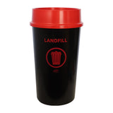 Black trash bin with red lid and 'LANDFILL' text 