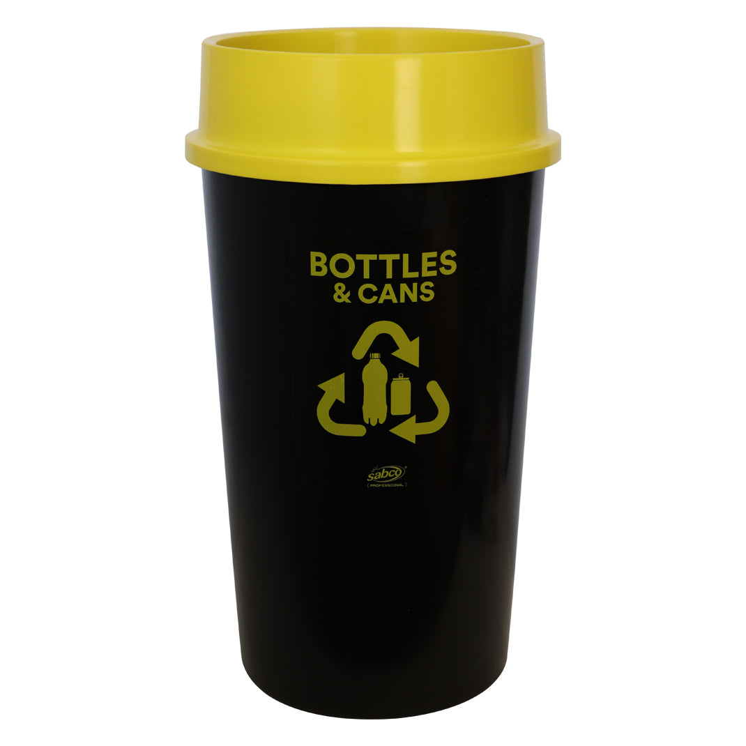 Black recycling bin with yellow lid and text on a white background