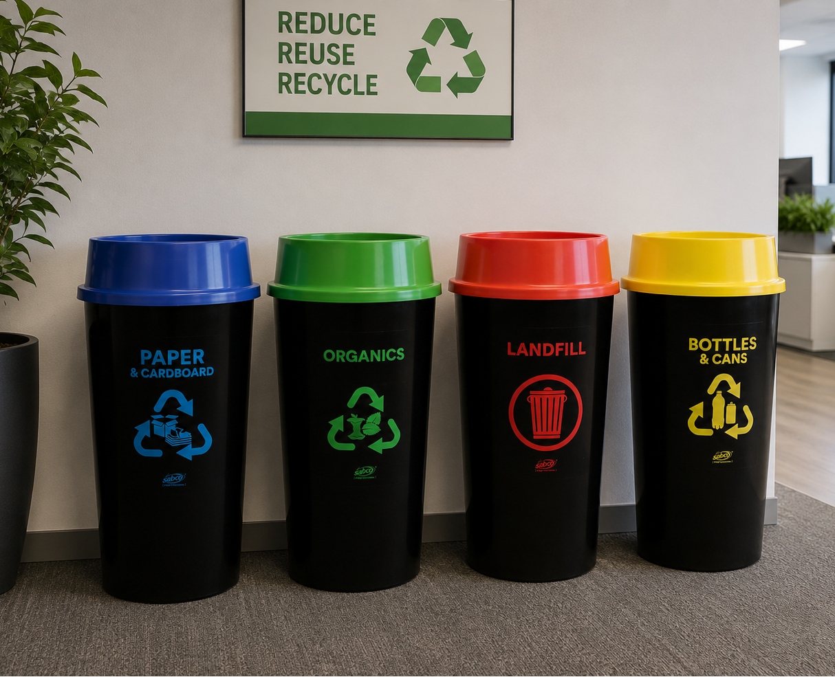 Four colored recycling bins labeled for different waste categories in an office setting.