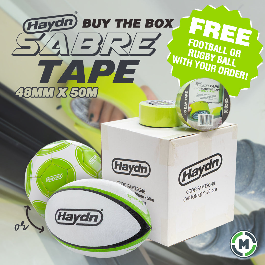 Haydn Sabre Tape football/rugby ball packaging and product display with a white box, two white and green balls, a roll of tape, and promotional text offering a free football or rugby ball with your order.