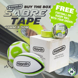 Haydn Sabre Tape football/rugby ball packaging and product display with a white box, two white and green balls, a roll of tape, and promotional text offering a free football or rugby ball with your order.