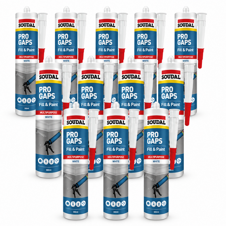 Multiple tubes of Soudal Pro Gaps sealant on a white background