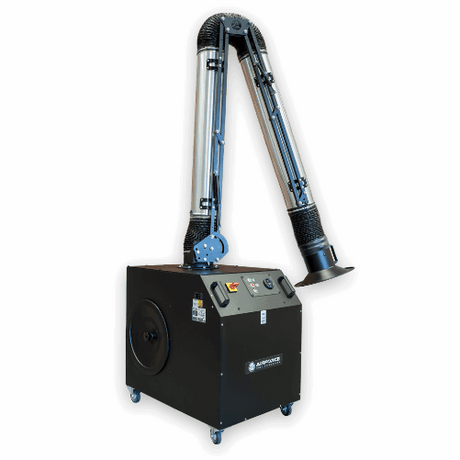 Industrial dust extraction system with two flexible arms on a white background