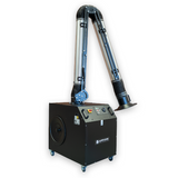 Industrial dust extraction system with two flexible arms on a white background