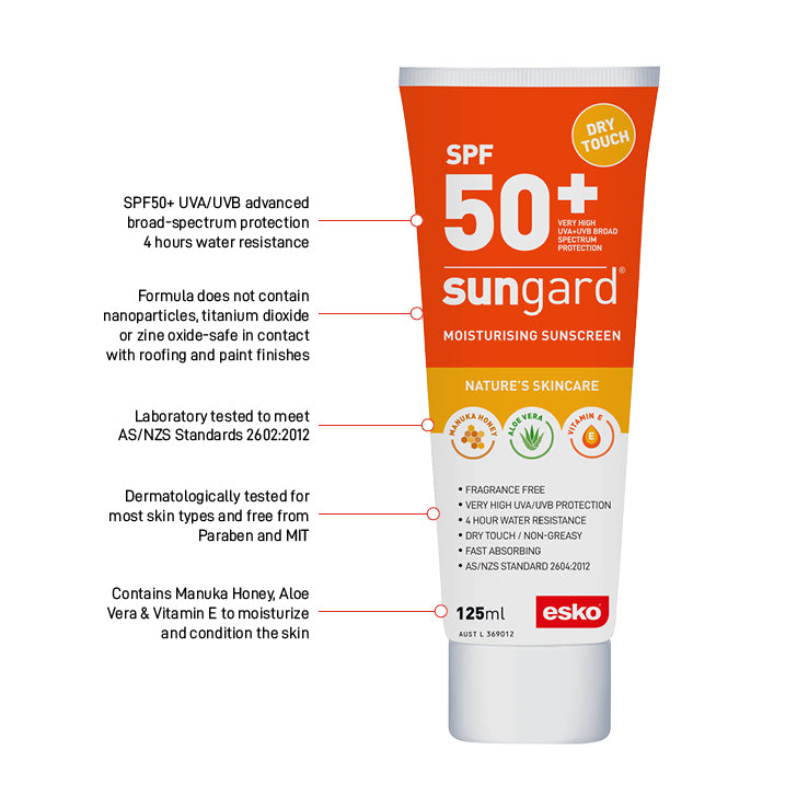125ml Sungard SPF50+ Moisturising Sunscreens, With Manuka Honey, Aloe Vera & Vitamin E + PABA Free
