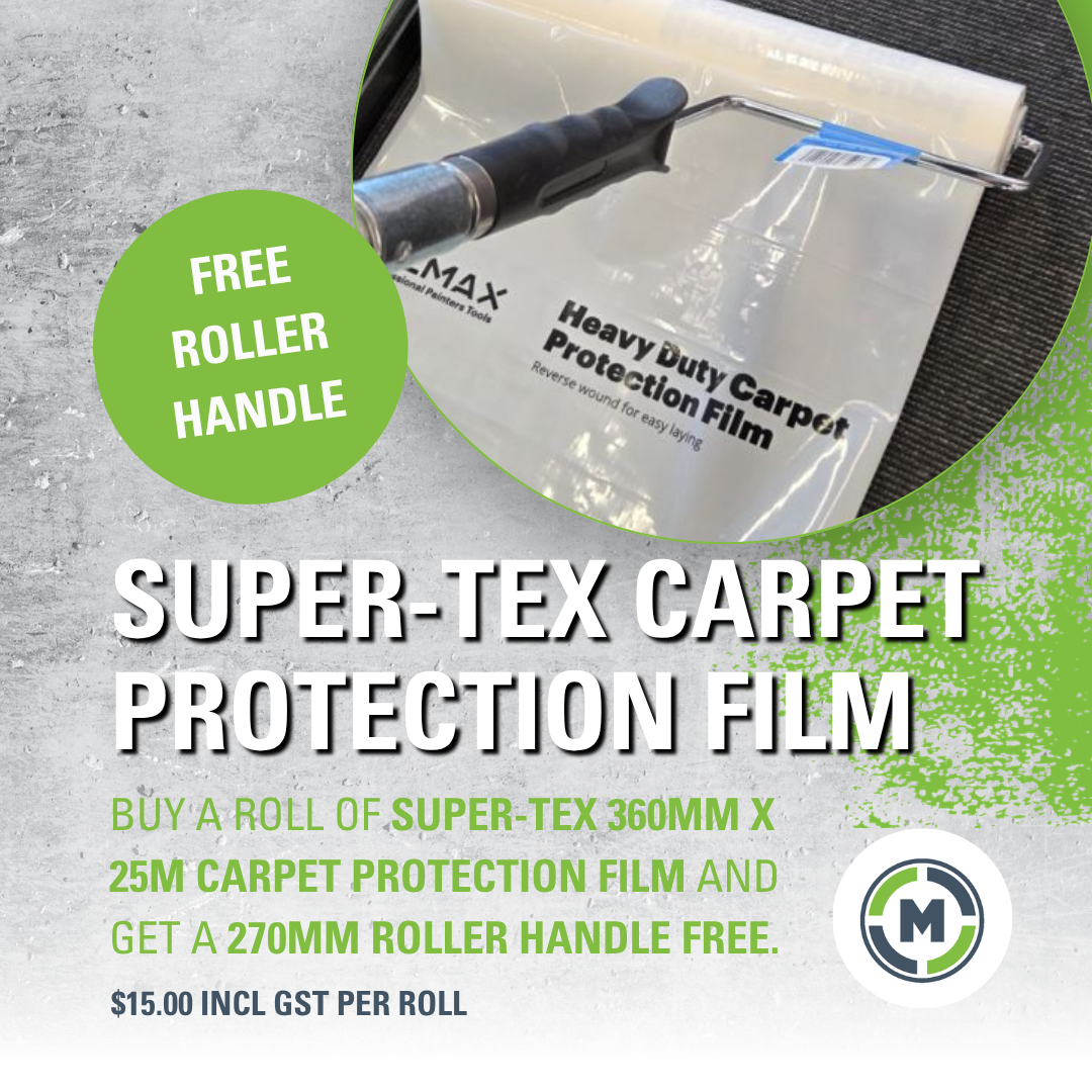 Promotional graphic for Super-TEX Carpet Protection Film showing a close-up of a heavy-duty clear protective film roll on a roller with the text 'FREE ROLLER HANDLE' in a green circle, plus product details and a circular M logo.
