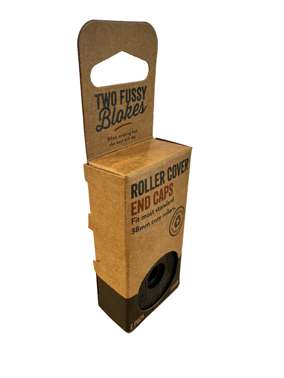 A cardboard display box for Two Fussy Blokes Roller Cover End Caps.